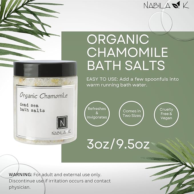 Organic Chamomile Bath Salts by Nabila K - Dead Sea Salt & Epsom Salt Scrub & Soak - Exfoliates & Hydrates Skin, Botanical Essential Oils - Bubble Bath Accessories for All Skins Types, 2 oz