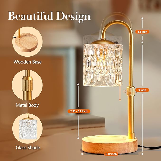 Briever Dimmable Candle Warmer Lamp with Timer, Height Adjustable Electric Candle Wax Warmer, Christmas Birthday Gifts for Women Mom, House Warming Gifts New Home Room Decor, Solid Wood Base