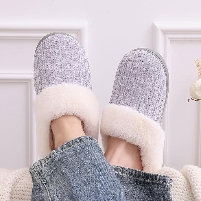 Evshine Warm Knit House Slippers for Women Comfy Wool-Like Lined Chenille Slippers with Memory Foam and Indoor Outdoor Soles