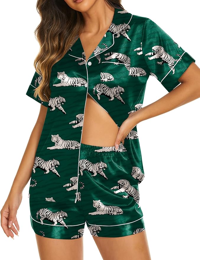 Ekouaer Silk Pajamas for Women Short Sleeve Sleepwear Soft Button Down Loungewear 2 Piece Satin Pjs Shorts Set S-XXL