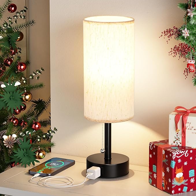 Fenmzee Bedside Table Lamp for Nightstand - 3 Color Temperatures Pull Chain Lamp with AC Outlet Charging Port, Round Night Stand Light for Bedroom Living Room, Small Bed Side Light with E26 LED Bulb