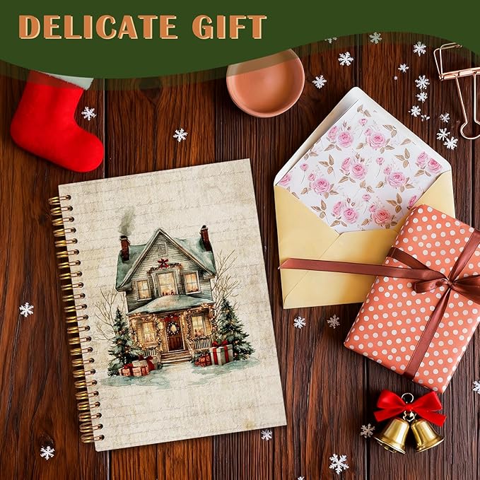 Exqcom Christmas House Spiral Notebook Gifts, Winter Holiday Cottage Retro Journal for Women, Christmas Office Gifts Hardcover Notebook Journal Office School Supplies, 5.5x8.3 Inch