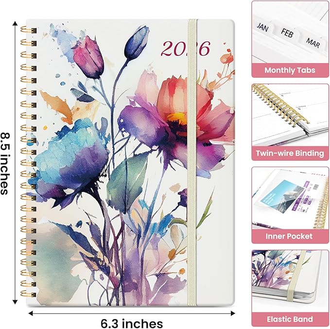 2026 Planner, Monthly and Weekly Calendar Planner for Women, January 2026 - December 2026, Hardcover Pretty 2026 Agenda Planner Book with Tabs, Spiral Bound, Perfect for School Office Home Supplies, 6.3" x 8.5" - Painted Bloom