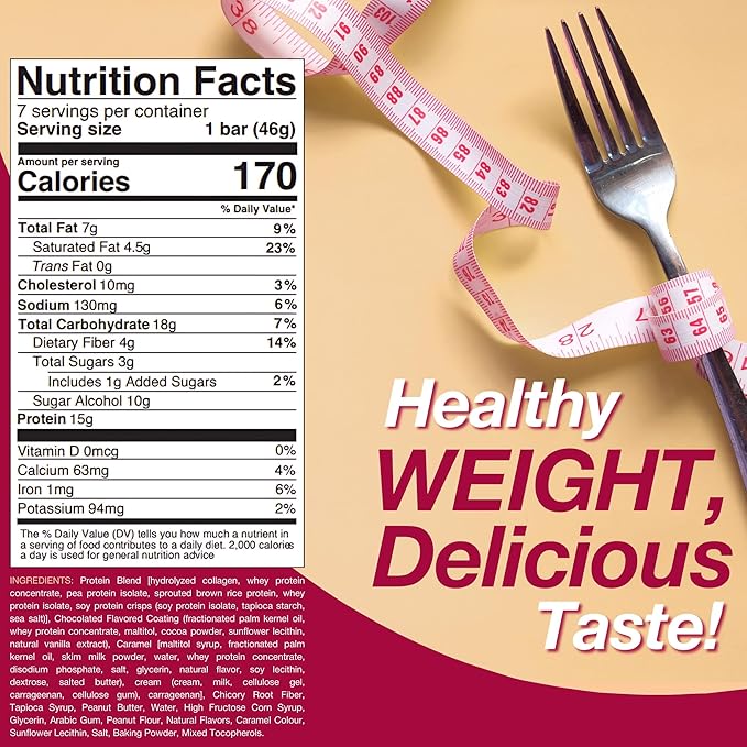 ProtiDIET Caramel Layer and Peanut Delight Protein Bars - 15g Protein - Delicious Gluten Free Bars and Great Snacks for Adults with Collagen - 7 High Protein Bars Per Box