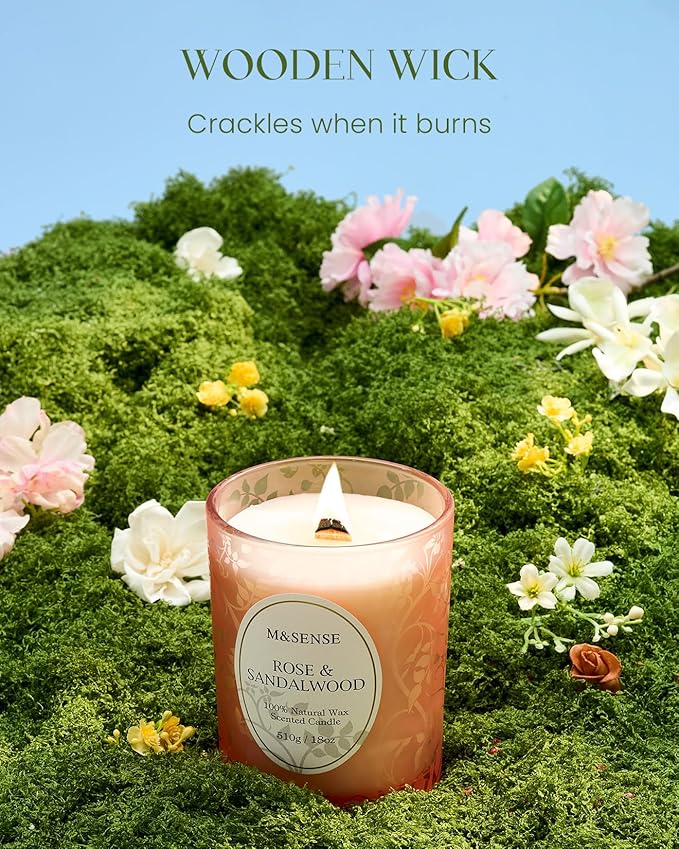M&SENSE Rose Sandalwood Scented Candle, Wooden Wick Candle with Lid, 100 Hours Long Burning Natural Soy Wax 18oz, Stress Relief Meditation Air Purifying Home Fragrance,Housewarming Gifts for Her Him