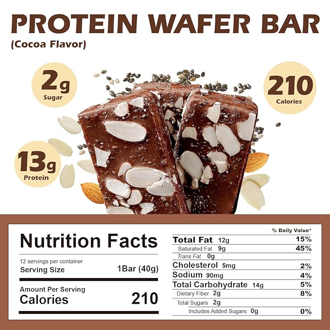 DUJOSOO Protein Wafer Bar,Crispy - Silky Texture with Almond Chunks,13g Premium Protein,2g Low Sugar,Add chia seeds,2g Dietary Fiber,Rich in Collagen, Vitamin E and Omega-3,Nutritious Snacks to Support Energy,12 Count(Pack of 1)