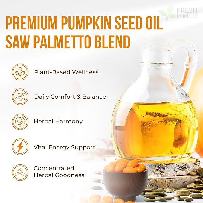 FRESHDRINKUS, 330 Premium Pumpkin Seed Oil Softgels with Saw Palmetto, 3000mg Per Serving, Cold Pressed, Pure Virgin Oil, Great Hair Support, Non-GMO, Gluten-Free, Vegan
