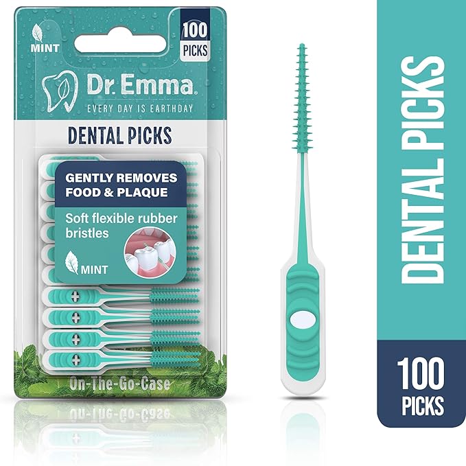 Dr. Emma Soft Rubberized Dental Picks Mint Brush Picks, 100 Count (4 Packs, Mint)