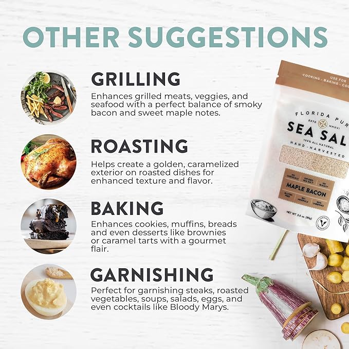 FLORIDA PURE Maple Bacon Sea Salt - Smoky, 80+ Mineral Salt, Natural, Unrefined, Non Iodized - for Baking, Cooking, Seasoning & Enhancing Taste - Flaky Sea Salt (3 oz. Pouch)