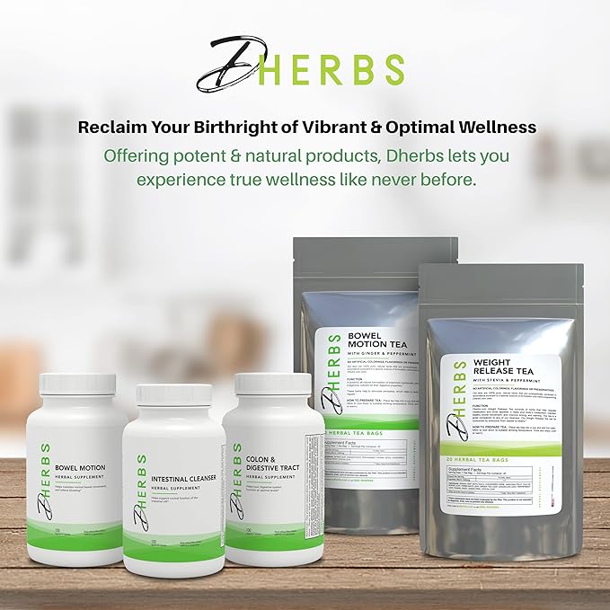 Dherbs Bowel Motion Tea Detox Drink, 20 Herbal Tea Bags (1 Pack) - Made with Senna Leaf, Ginger Root, Peppermint & More for Colon & Stomach Cleanse