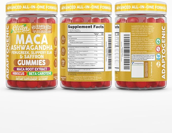 Clean Nutra Maca Root Gummies Ashwagandha Fenugreek Slippery Elm Saffron Hibiscus Beta Carotene Vitamin A for Women Macaroot Extract 60 Gummies Vegan Adaptogen Supplement Gummy Non GMO