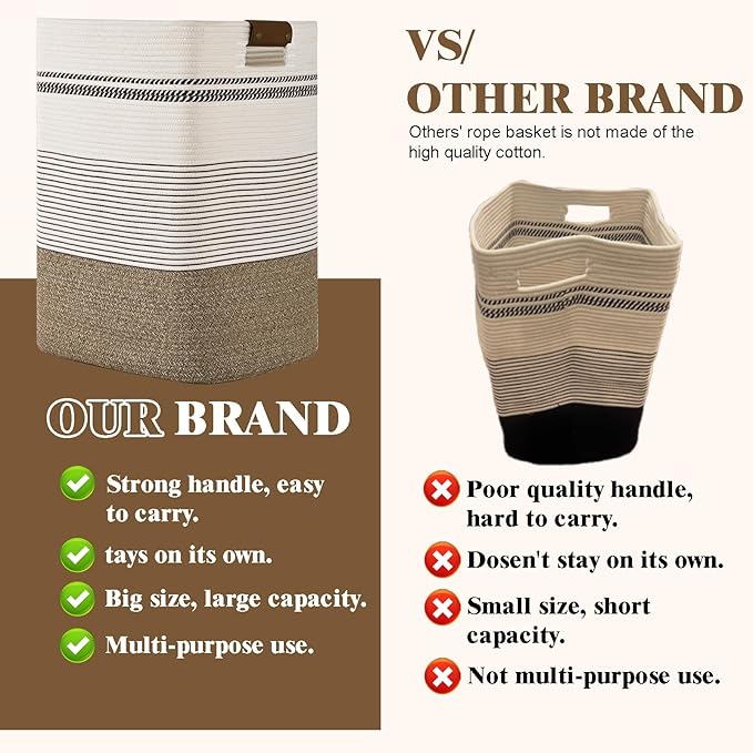 Laundry Hamper, 95L Tall Laundry Basket with Leather Handles, Rectangle Large Clothes Hamper for Organizing, Cotton Woven Laundry Baskets Storage Hampers for Bedroom, Nursery, Living Room