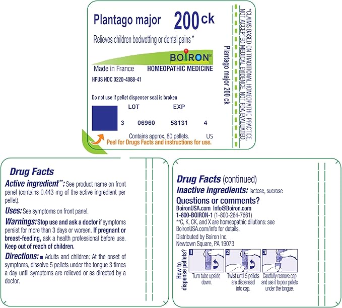 Boiron Plantago Major 200Ck for Children Bedwetting or Dental Pains - 80 Pellets