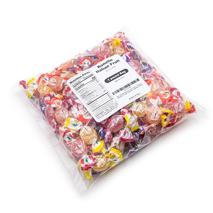 Bonelle Italian Fruit Jelly Candy | 1 Pound Bag | Vegan Dye Free Candy Individually Wrapped | Lemon, Strawberry, Orange, Blackberry | Naturally Flavored