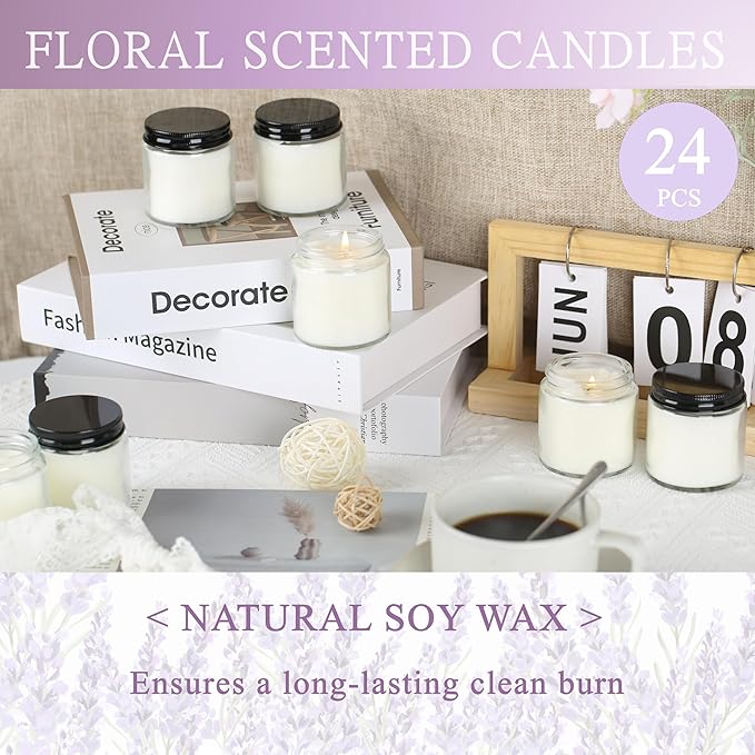 24 Pcs 4 Oz Mason Jar Candles, Lavender Scented Soy Candles Bulk Set for Stress Relief and Relaxation, Great Favors for Wedding, Christmas, Housewarming Gifts (Black-Lavender, 24)