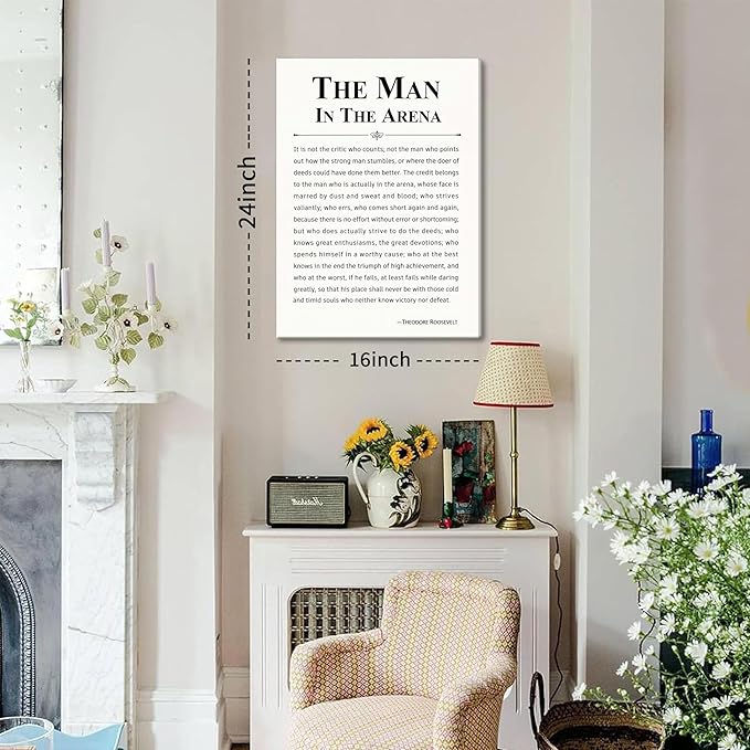 Framed Motivational Wall Decor for Men, The Man in The Arena Office Inspirational Wall Art, Positive Quotes Pictures, Spiritual Canvas Prints, Faith Based Gifts for Living Room, Bedroom 16x24 inch