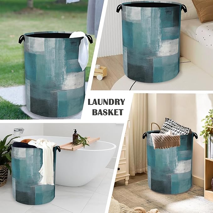 Blue Gray Modern Laundry Basket,Art Foldable with Handles Tote Bag Oxford Cloth for Bathroom Bedroom Dirty Clothes Storage Bucket 16" x 20.8"