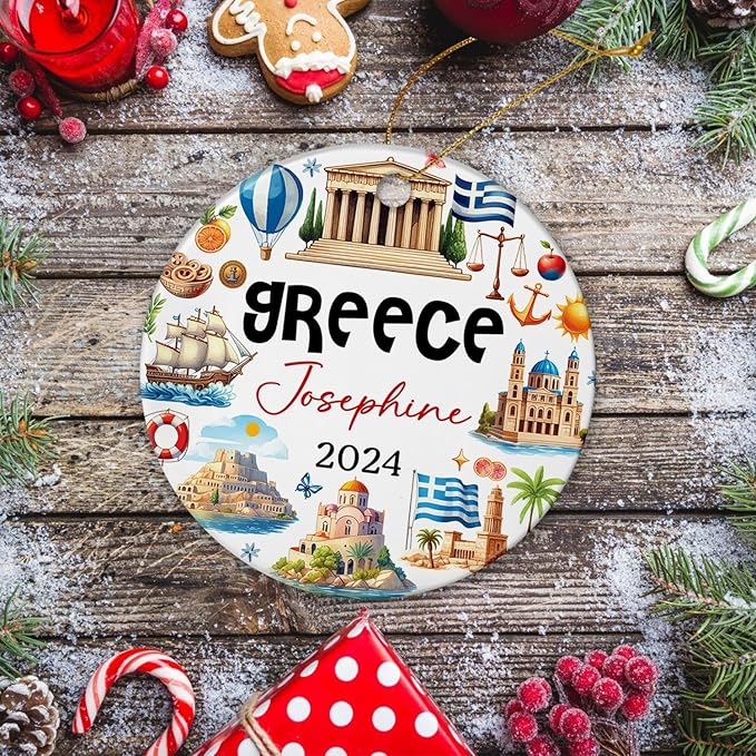 Landmarks and Symbols of Greece Christmas Ornament 2025, Personalized Greece Travel Xmas Ceramic Ornament, Greece City Souvenir Ceramic Ornament, Custom Name Greece Vacation Christmas Keepsake Decor