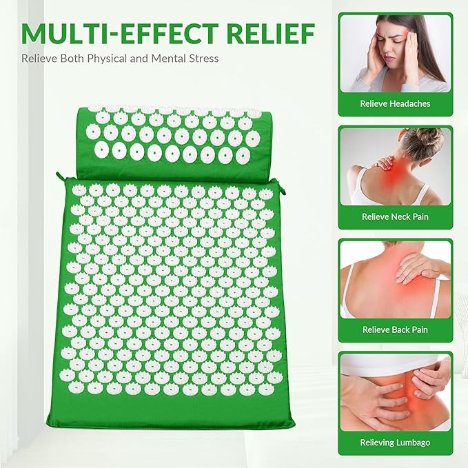 Fitvids Acupressure Mat and Pillow Set for Back/Neck Pain, Acupuncture Products to Relieve Muscle Fatigue, Improve Insomnia for Sedentary People, Acupuncture Eases Stress, Massage Mat, Green