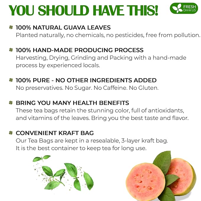FreshDrinkUS, Premium 15 Guava Leaf Tea Bags, 100% Natural & Pure. Loose Leaf Guava Herbal Tea. No Sugar, No Caffeine, No Gluten, Vegan.