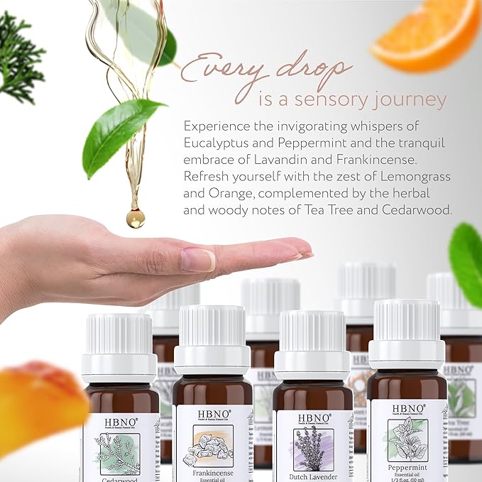 HBNO Essential Oils Set (10ml) - Top 8 Essential Oils. Ideal for Aromatherapy, Soap Making, and More - Cedarwood, Eucalyptus, Frankincense, Lemongrass, Lavender, Orange, Peppermint, Tea Tree