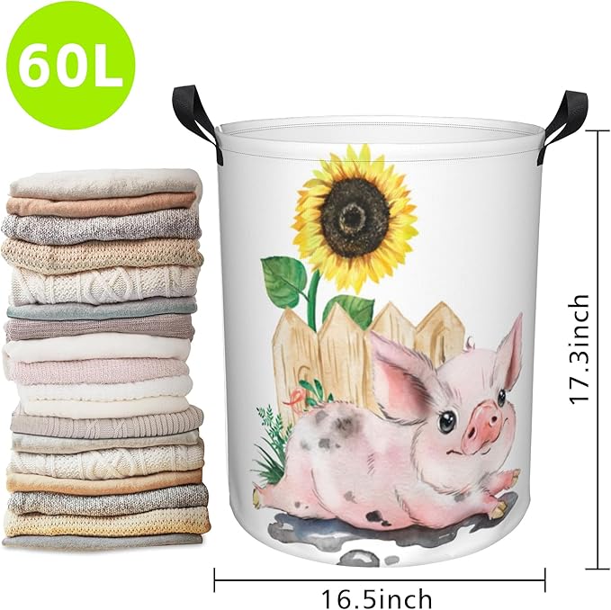 Laundry Basket Cute Pig with Sunflower Laundry Hamper Large Laundry Basket Storage Basket Tote Bag Collapsible Organizer Basket for Bathroom,Laundry,Bedroom 17.3 x16.5 Inch