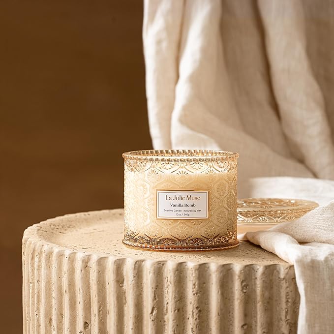 LA JOLIE MUSE Vanilla Bomb Candle – Lemon Zest, Fressia & Patchouli | 12 oz Large 2-Wick Soy Wax Candle | 60 Hours Clean Burn | Gift-Ready for Hosts | Elegant Home Décor