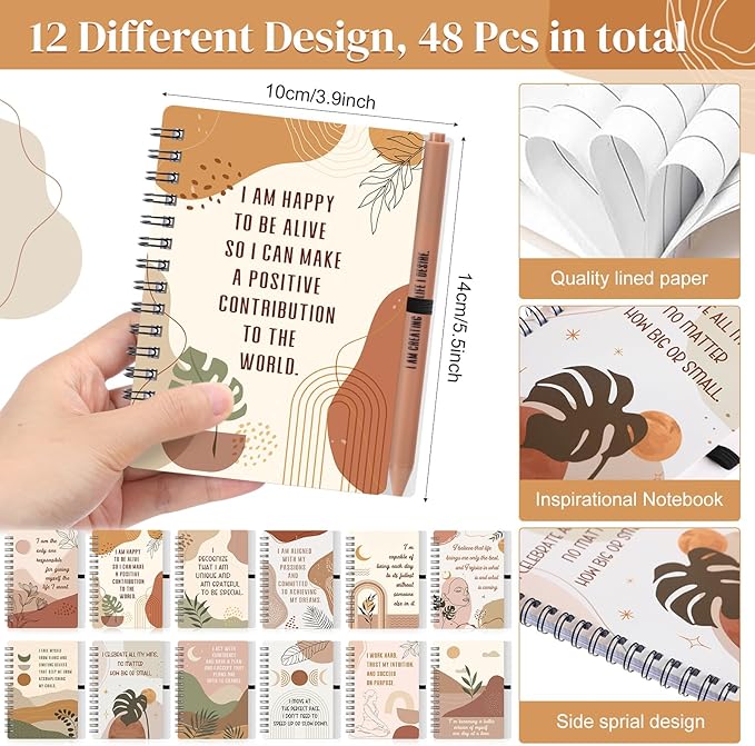 Kosiz 96 Pcs/48 Set Positive Affirmation Gifts Gratitude Spiral Notebooks with Pens Motivational Encouragement Notepads Daily Affirmations Journal for Women (Rainbow)
