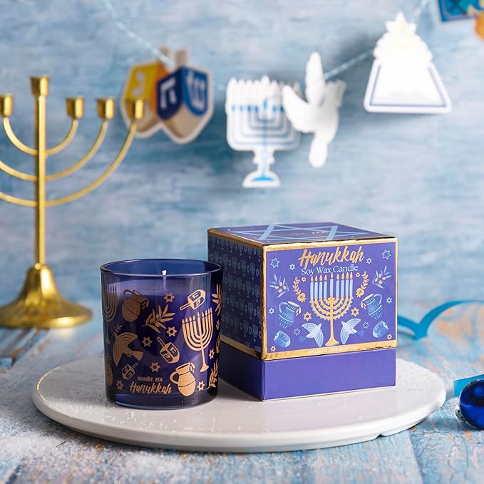 ROMIIE ZOI Hanukkah Scent Candle - 6oz Soy Wax Candle - Infused with Sandalwood & Bergamot Aroma - Royal Blue Gift Box