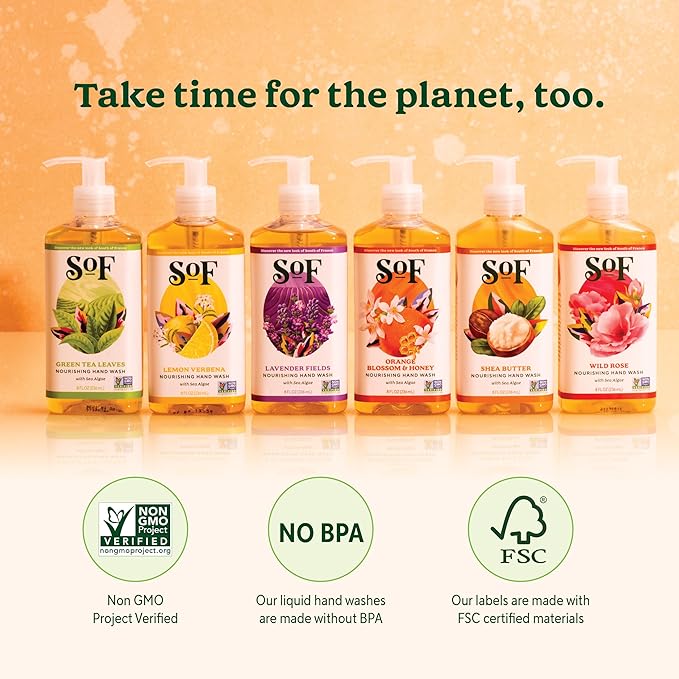 SoF Nourishing Hand Wash - With Moisturizing Sea Algae, Coconut & Olive Oil- Vegan & Non GMO- Free From Phthalates, Sulfates & Parabens- Green Tea Leaves - 8 oz Bottle 3 Pack