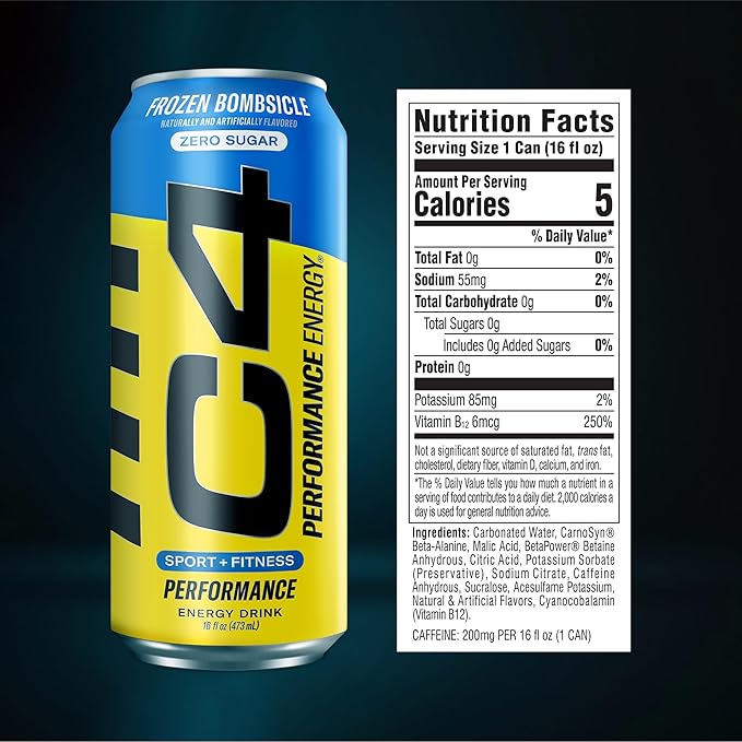 C4 Energy Carbonated Zero Sugar Energy Drink, Pre Workout Drink + Beta Alanine, Sparkling Frozen Bombsicle, 16 Fl Oz (Pack of 12)