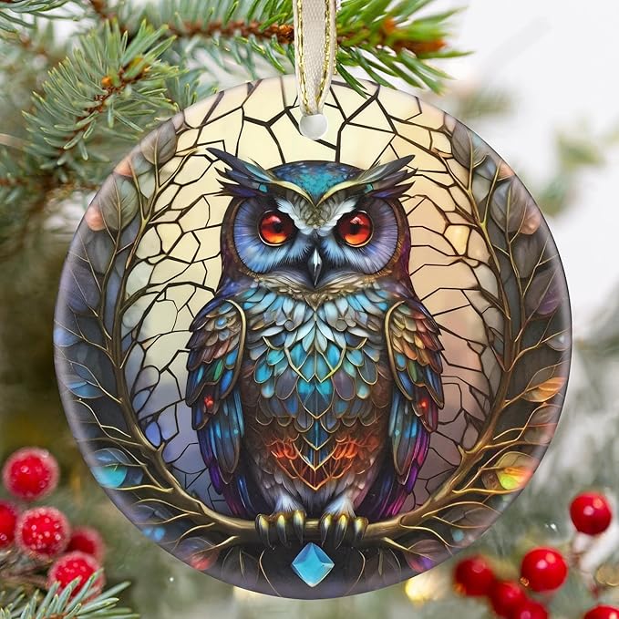 Christmas Ornament - Owl Decor Round Ceramic - Owl Hanging Ornament - Christmas Tree Decor - Owl Ornaments for Christmas Tree - Gifts for Owl Lovers - Owl Themed Gifts