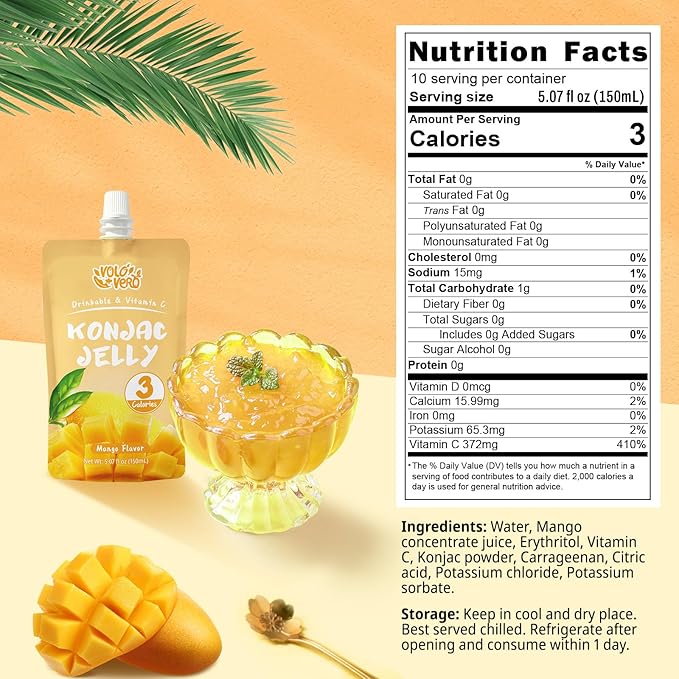 VOLO VERO Konjac Jelly Squeeze Pouch Mango Flavor, Low Calories (3 Kcal), 10 Packs, Gluten Free & Vegan, 0 Sugar, Keto, Low Carb, Drinkable Vitamin C Healthy Fruit Snacks, Holiday Gifts