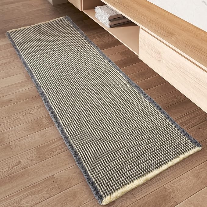 AMOAMI Upgraded Waffle Runner Rug Super Absorbent Non Slip Bath Mats for Bathroom Washable Bathroom Runner Rug with Tassels, Ideal for Hallway Bedroom Laundry Room, Dark Grey & Yellow, 17" x 60"