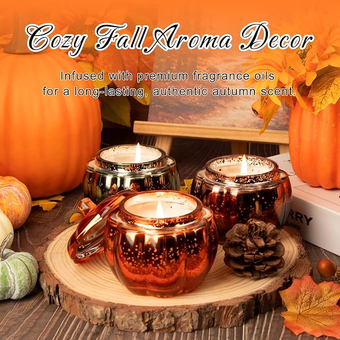 Lanpn Fall Scented Candles Gift Set 3 Pack, 16.5oz Pumpkin Glass Jar Candle, Thanksgiving Aromatherapy Soy Wax Candles for Woman Man, Autumn Fragrance Table Farmhouse Decoration, Tabletop Centerpiece