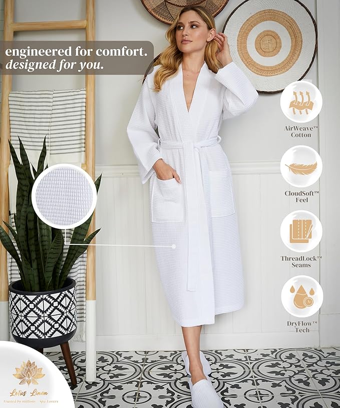 Lotus Linen Waffle Robes for Women - Lightweight Cotton Kimono Bathrobe - Long Soft Spa Bath Robe