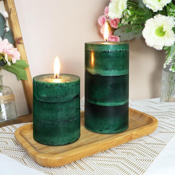Fir Pine Scented Pillar Candles 3x4 Inch Dark Green 3-Layered Handcraft Holiday Forest Candle Smokeless Aromatherapy Candle for Christmas Decoration Home Party Fragrance Housewarming Gifts