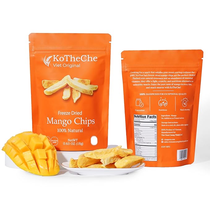 KOTHECHE Freeze Dried Mango, 0.63 oz/Bag (Pack of 4). No Sugar Added, Healthy Snack - Low Calorie Fruit Chips -Gluten Free, Vegan Snack - Dehydrated Crispy Mango in Resealable Bag, Low Carb Superfood for Kids and Adults
