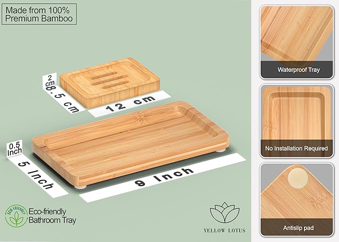 Bamboo Bathroom Accessories Set 2pcs - Wooden Bar Soap Dish Holder and Bamboo Tray for Bathroom, Kitchen Countertop, Shower, Neutral Kitchen Sink Dish Soap Tray, 9 inch, Natural