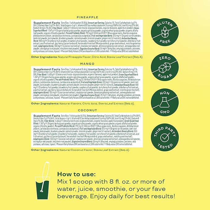 Bloom Nutrition Superfood Greens Powder Stick Packs, Digestive Enzymes with Probiotics and Prebiotics, Gut Health, Bloating Relief for Women, Chlorella, Green Juice Mix, 18 SVG, Tropical Variety