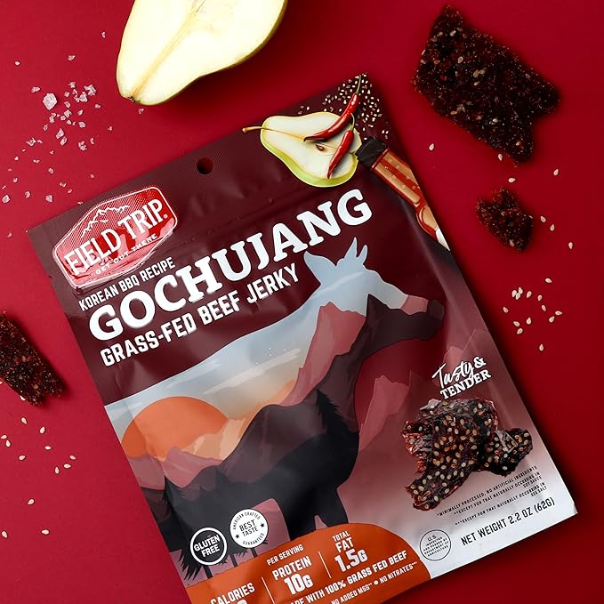 Field Trip Grass Fed Beef Jerky, Healthy Gluten Free Snacks, All Natural, Paleo-Friendly Beef Jerky, High Protein, Low Carb Snack with No Nitrates, 2.2oz Bag, 4 Pack, Gochujang Korean BBQ