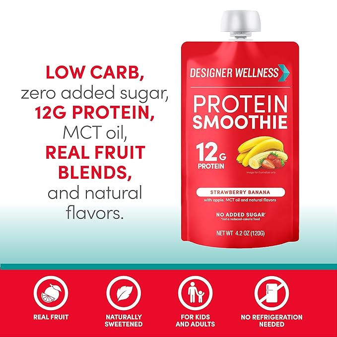 Designer Wellness Protein Smoothie, Real Fruit, 12g Protein, Low Carb, Zero Added Sugar, Gluten-Free, Non-GMO, No Artificial Colors or Flavors, Strawberry Banana, 24 Count