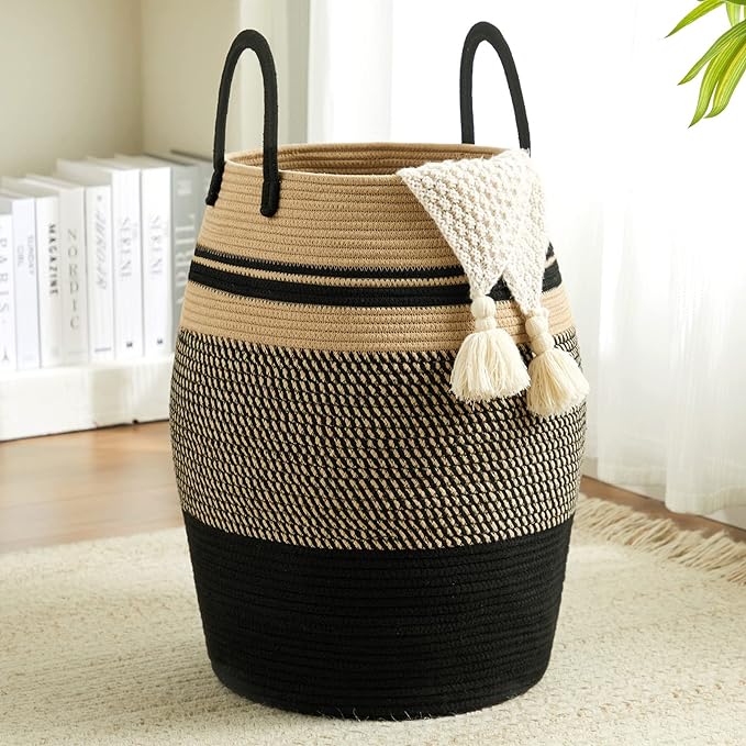 Fiona's magic 105L Extra Large Laundry Hamper Basket, Woven Tall Clothes Hamper for Storage Blanket, Toys and Dirty Cothes in Bedroom and Living Room Organizer, Brown & Black
