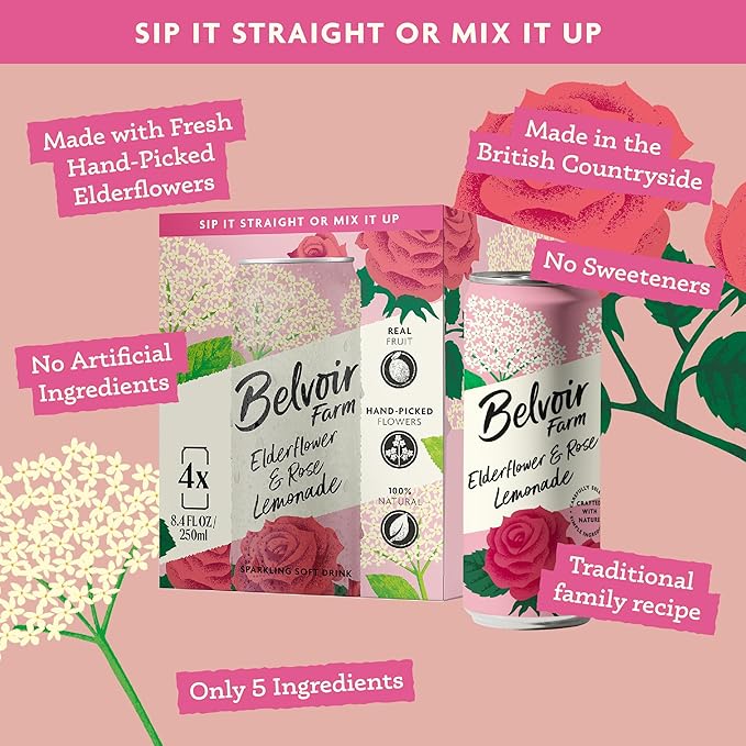 Belvoir Farm Elderflower & Rose Sparkling Lemonade | Delicious On It's Own Or As A Mixer | Product of UK | 4 Cans, 8.4 fl oz (250mL)
