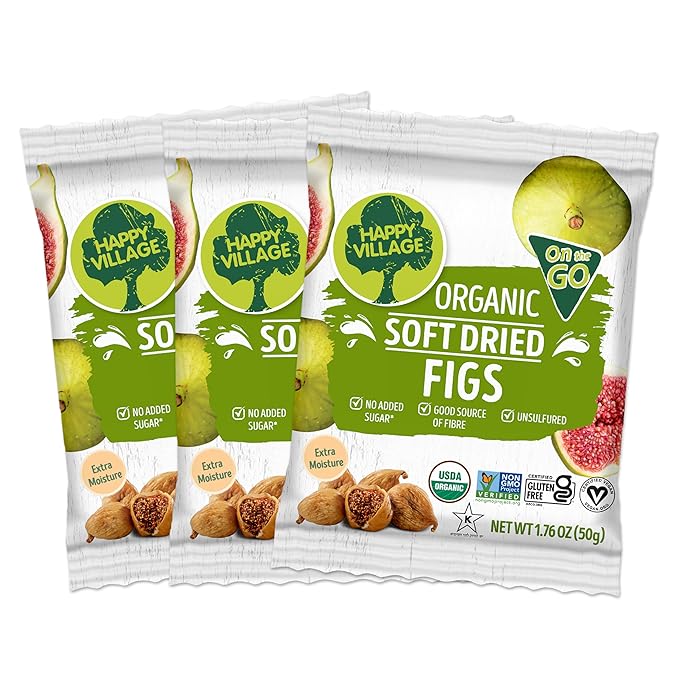 Happy Village Organic Soft Dried Figs On the Go – 3 Bags (15 Individual Portion Packs) | Healthy, Organic, Non-GMO, Vegan, Kosher, Gluten-Free Snack Packs