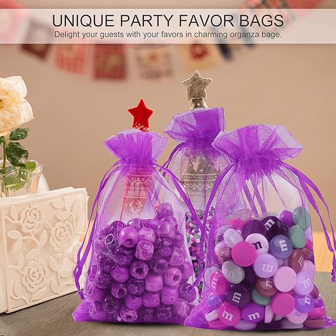 ANZNKU 100PCS Premium Purple Organza Bags 5x7 inches Mesh Bags Drawstring, Gift Bag Small Size for Halloween, Organza Favor Bag