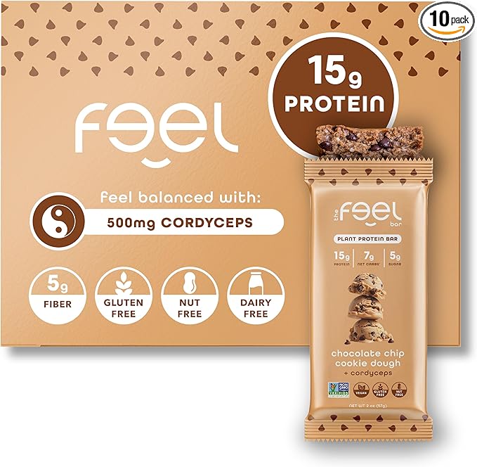 Feel Vegan Protein Bars | Cookie Dough | Keto | Gluten Free | Organic | Cordyceps | 15g Protein | Low Carb | Dairy Free | Grain Free | Nut Free | Soy Free | Non GMO - 10 Pack