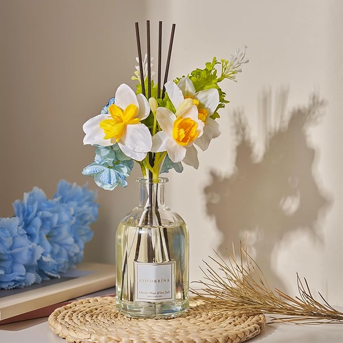 COCORRÍNA Reed Diffuser - Ocean Mist & Sea Salt 8.5 Fl.oz/ 250ml Flower Diffuser with 8 Sticks, Reed Diffusers for Home Bathroom Shelf Decor (Botanical Flower Collection)