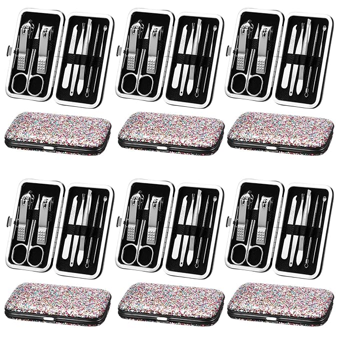 Geosar 12 Set 8 in 1 Manicure Set Stainless Steel Nail Clippers Kit Pedicure Care Tools with Leather Case Travel Grooming Kit Gift for Women Men(Glitter Candy Color)