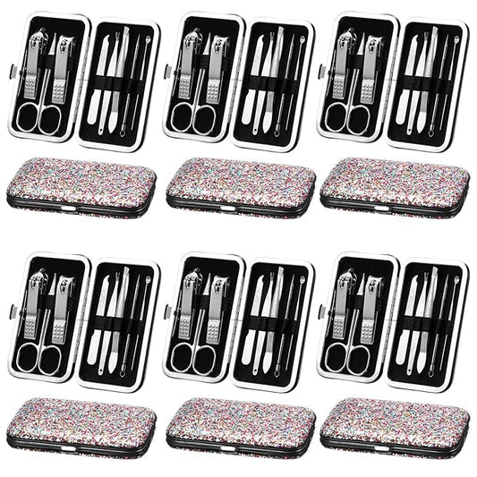 Geosar 12 Set 8 in 1 Manicure Set Stainless Steel Nail Clippers Kit Pedicure Care Tools with Leather Case Travel Grooming Kit Gift for Women Men(Glitter Candy Color)